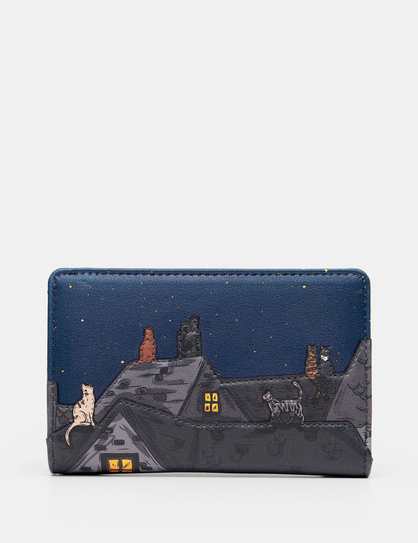 Stargazing Cats Flap Over Zip Around Leather Purse
