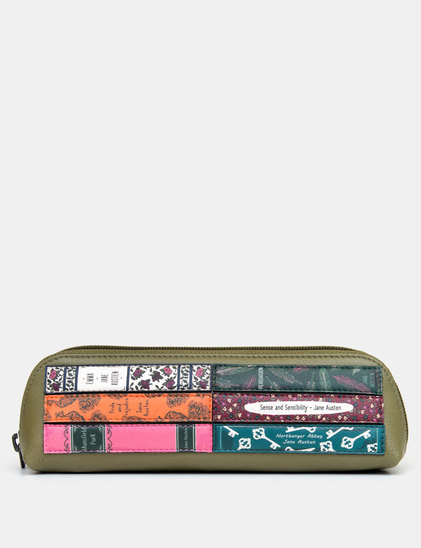 Jane Austen Bookworm Library Zip Top Olive Leather Pouch Pencil Case