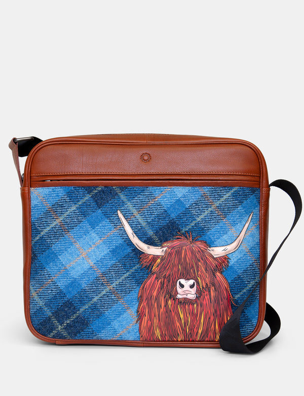 Highland Cow Blue Harris Tweed Leather Messenger Bag