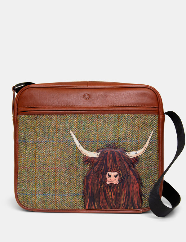 Highland Cow Harris Tweed Leather Messenger Bag