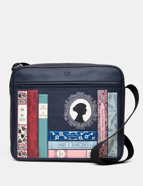 Jane Austen Bookworm Navy Leather Messenger Bag