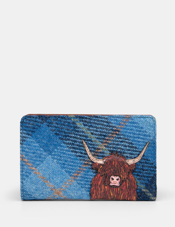 Highland Cow Blue Harris Tweed Flap Over Zip Around Leather Purse