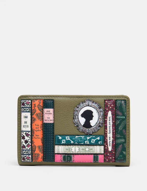 Jane Austen Bookworm Library Zip Around Olive Leather Purse