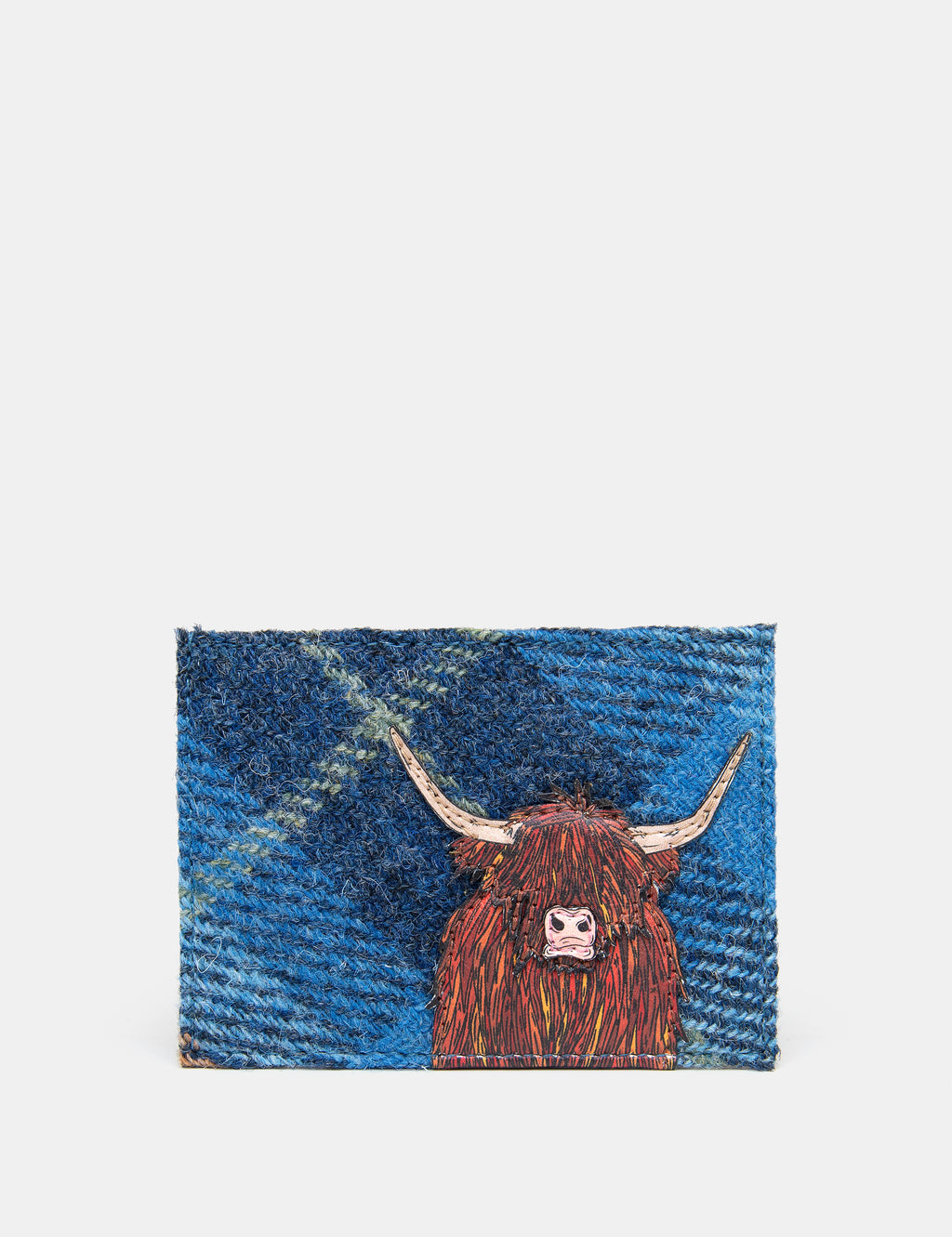 Highland Cow Blue Harris Tweed Leather Card Holder