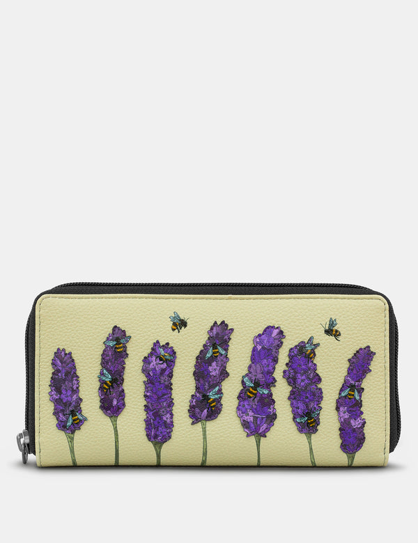 Bees Love Lavender Black Leather Zip Round Purse