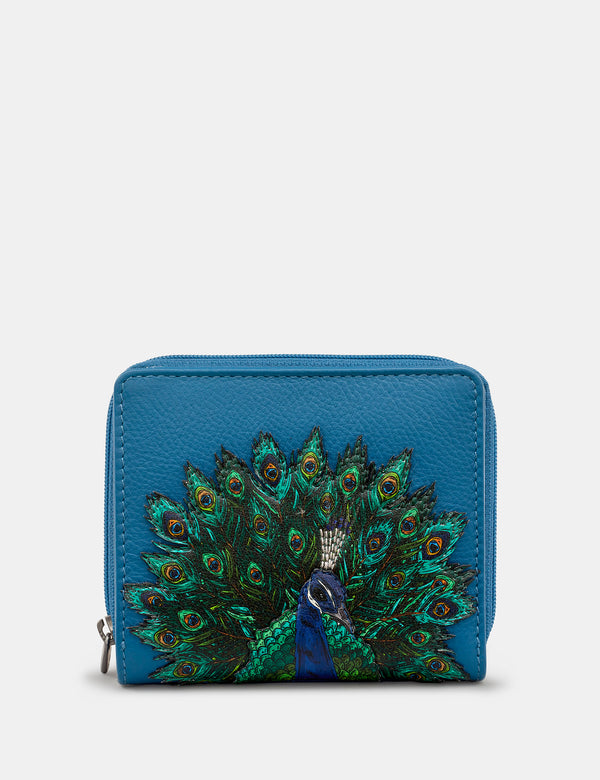 Peacock Plume Leather Zip Round Flap Over Purse