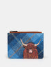 Highland Cow Blue Harris Tweed Zip Top Leather Purse