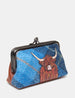 Highland Cow Blue Harris Tweed Leather Triple Frame Purse