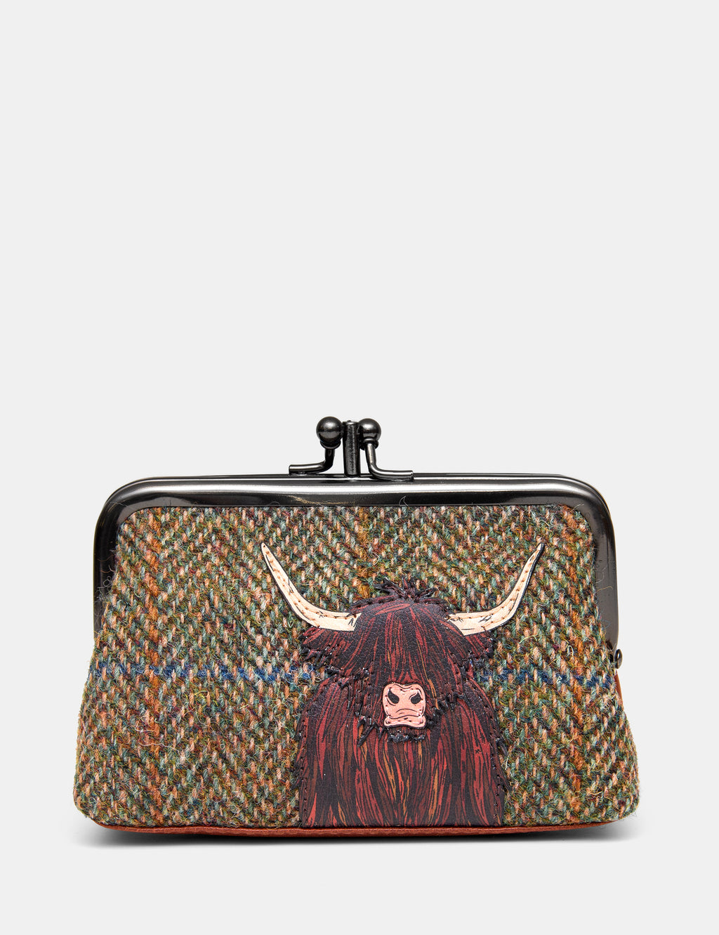 Highland Cow Harris Tweed Leather Triple Frame Purse