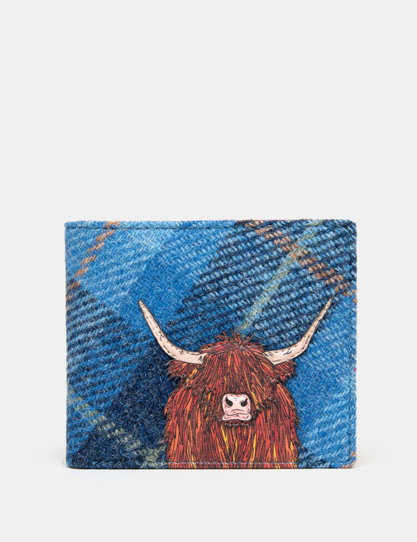 Highland Cow Blue Harris Tweed Leather Wallet