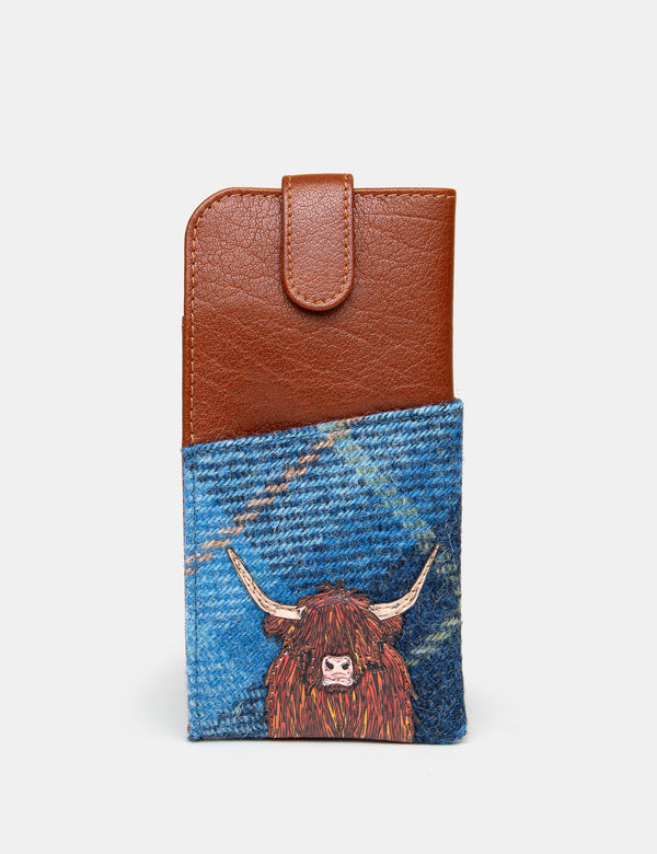 Highland Cow Blue Harris Tweed Leather Glasses Case