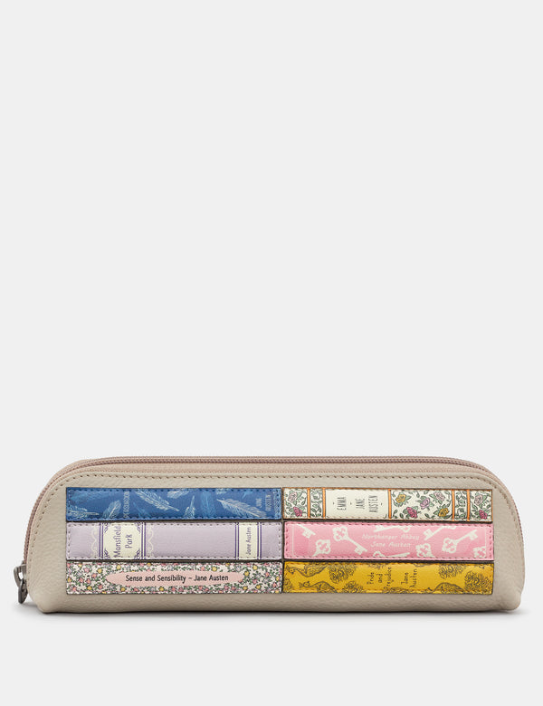 Jane Austen Bookworm Warm Grey Zip Top Leather Pouch Pencil Case