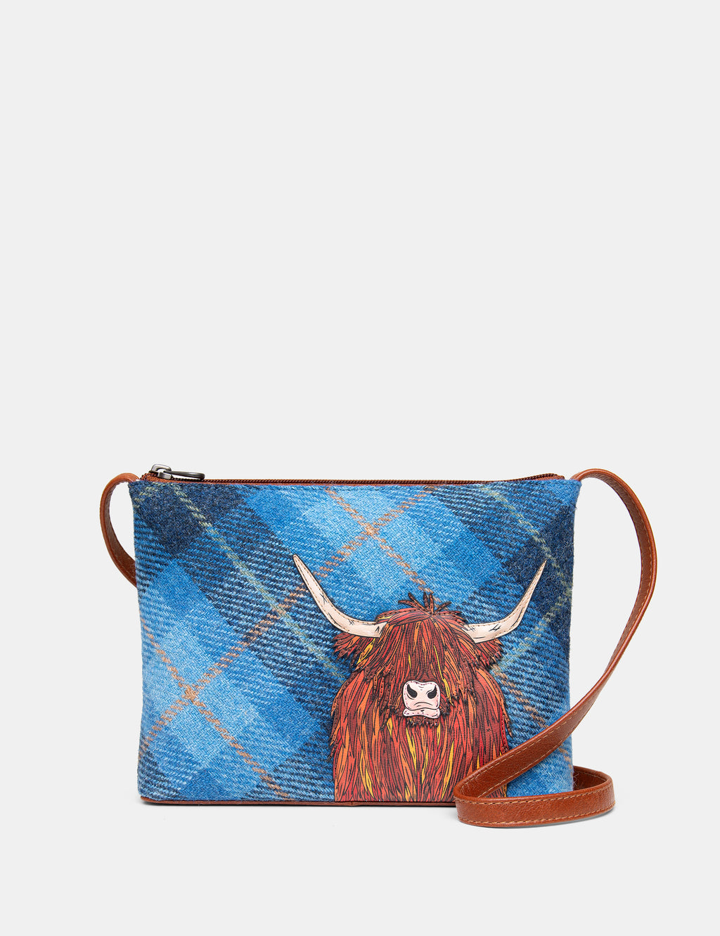 Highland Cow Blue Harris Tweed Leather Cross Body Bag