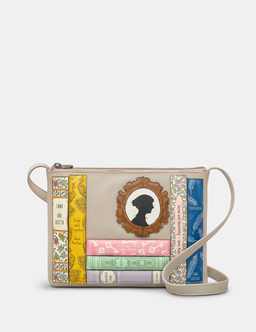 Jane Austen Bookworm Warm Grey Leather Cross Body Bag