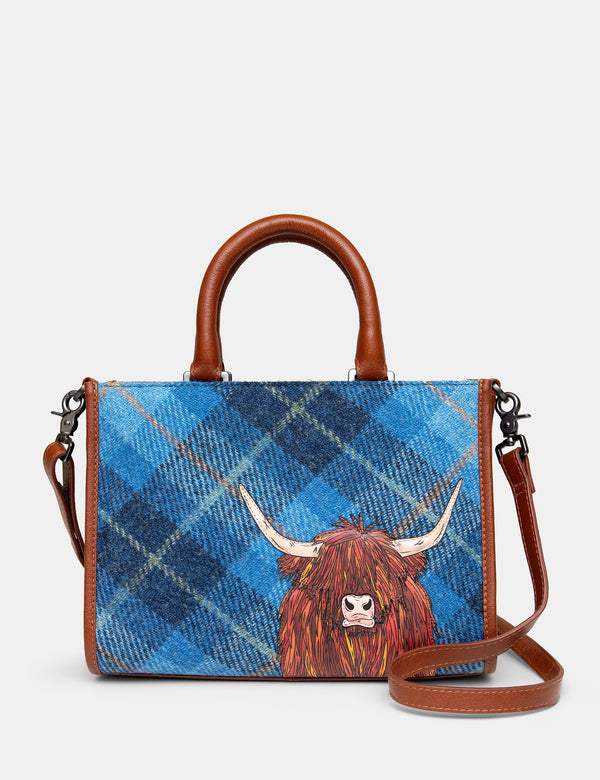 Highland Cow Blue Tweed Leather Grab Bag