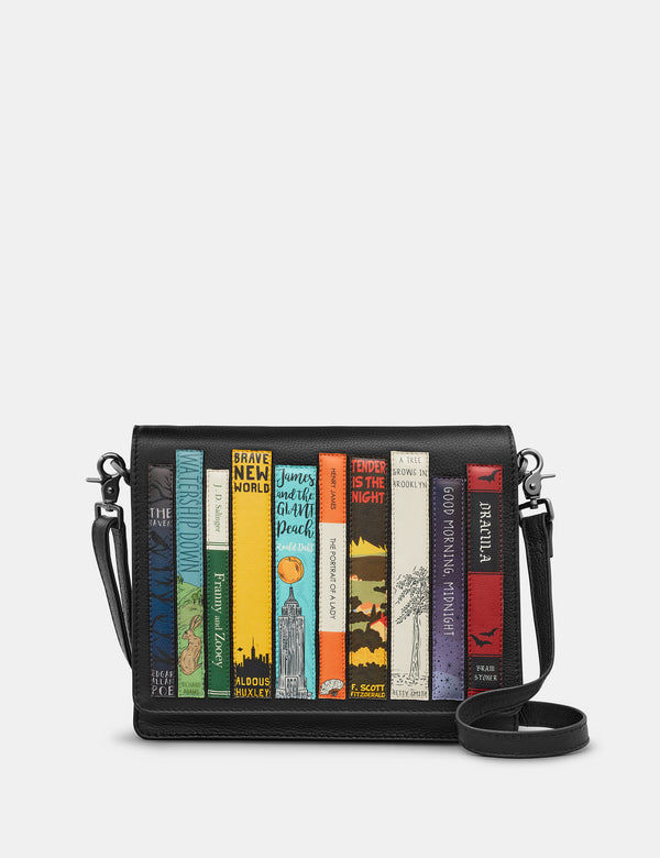 Black Bookworm Triple Gusset Leather Flap Over Bag