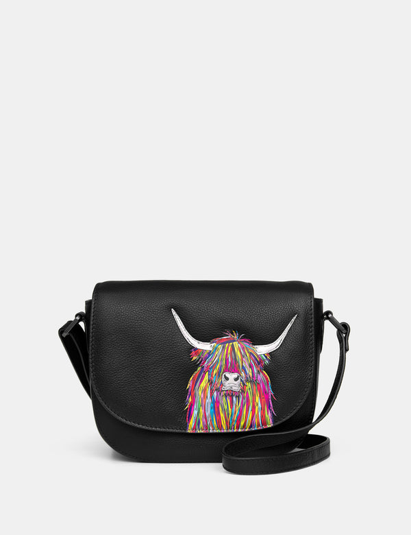 Highland Cow Flap Over Black Leather Cross Body Bag