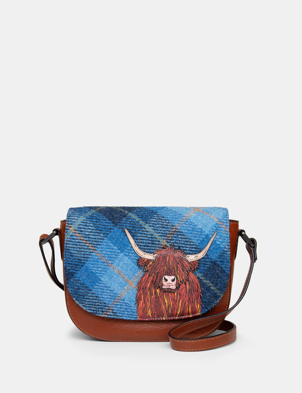 Highland Cow Flap Over Blue Harris Tweed Leather Cross Body Bag