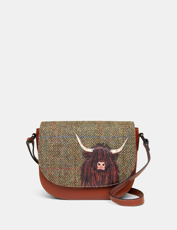 Highland Cow Flap Over Harris Tweed Leather Cross Body Bag