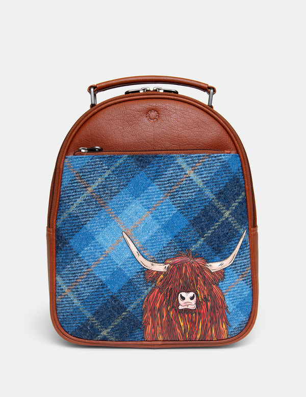 Highland Cow Blue Harris Tweed Leather Backpack