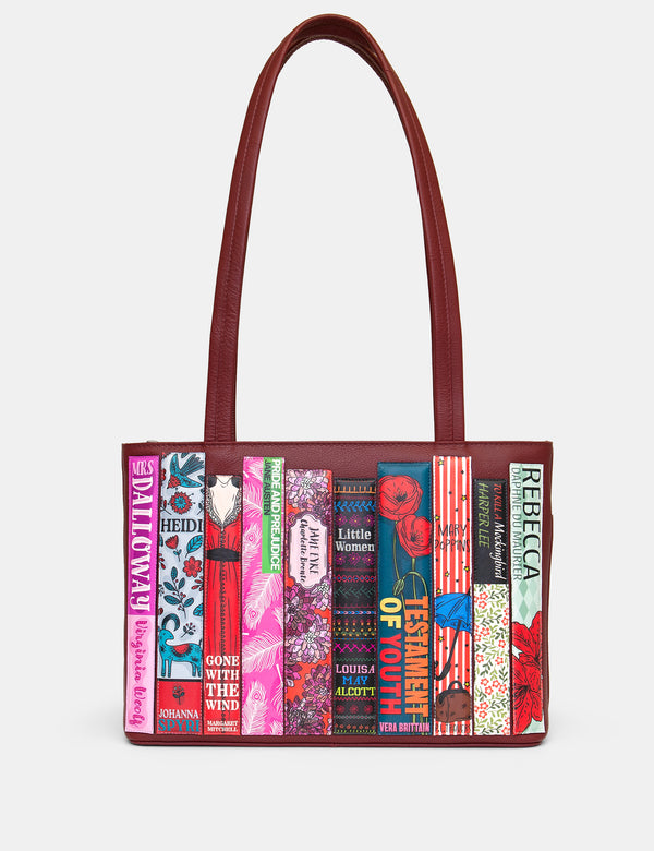 Cherry Red Bookworm Library Leather Shoulder Bag