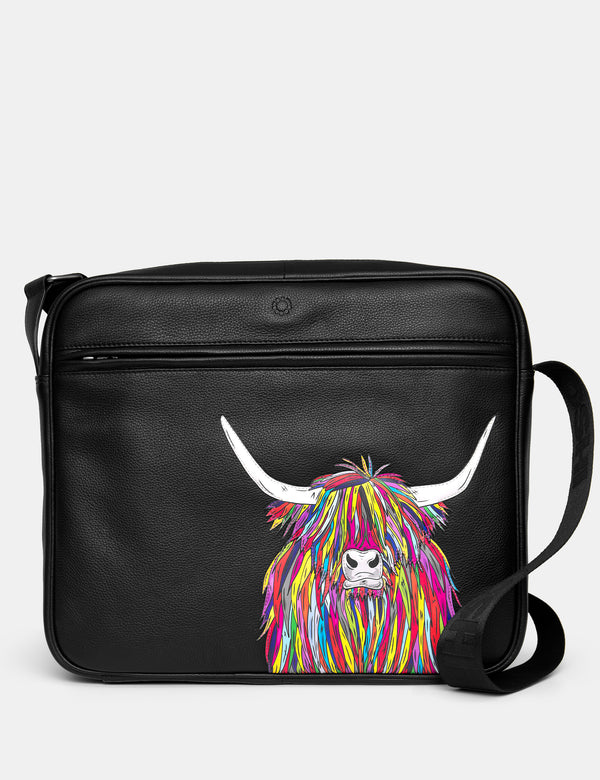 Highland Cow Black Leather Messenger Bag