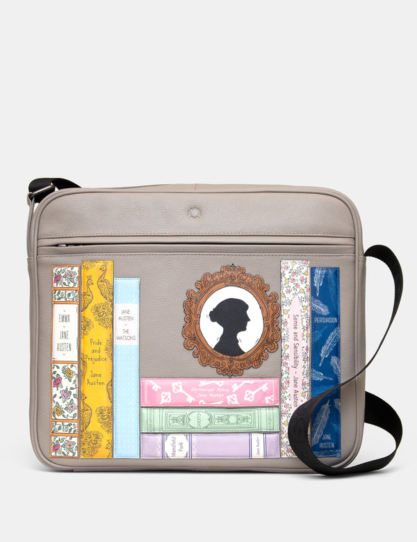 Jane Austen Bookworm Warm Grey Leather Messenger Bag