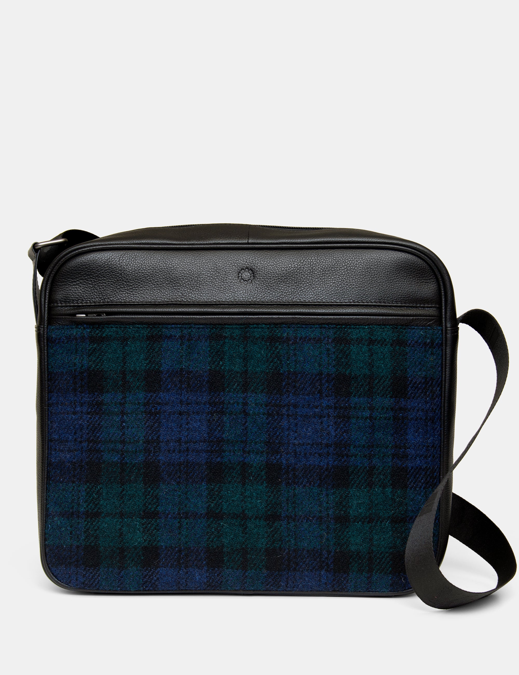 Ridgewood Black Leather And Blue Harris Tweed Messenger Bag By Yoshi