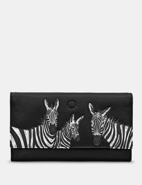 Dazzle of Zebras Black Leather Flap Over Matinee Purse