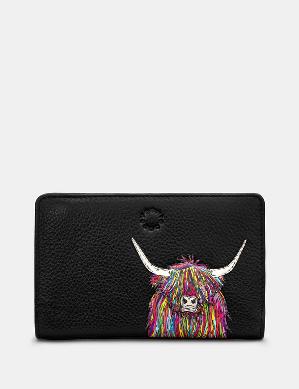 Highland Cow Black Flap Over Zip Around Leather Purse