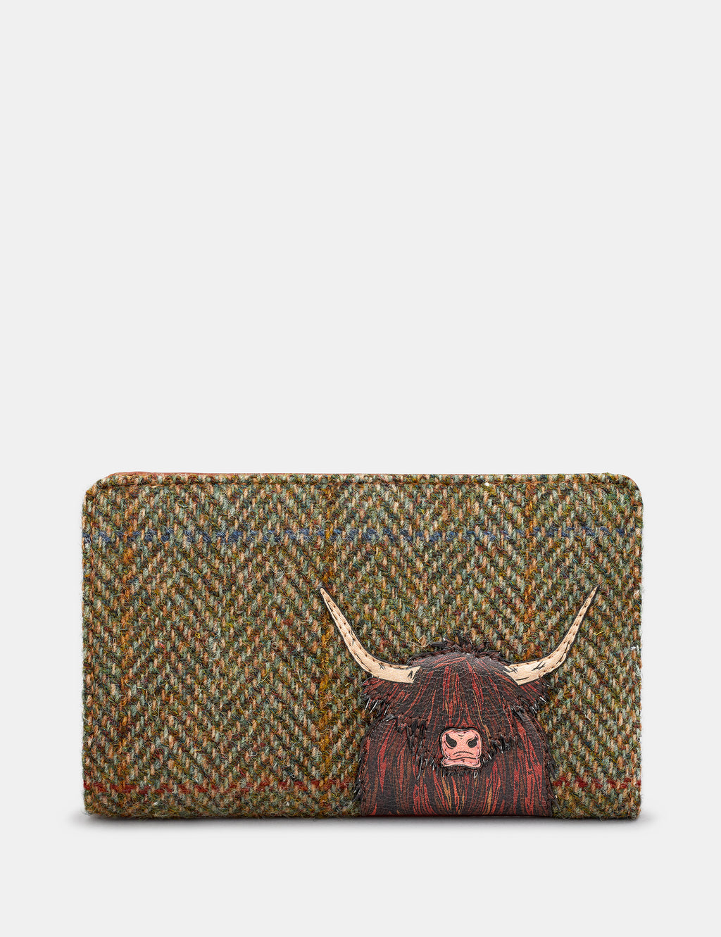 Highland Cow Tweed Flap Over Zip Around Leather Purse