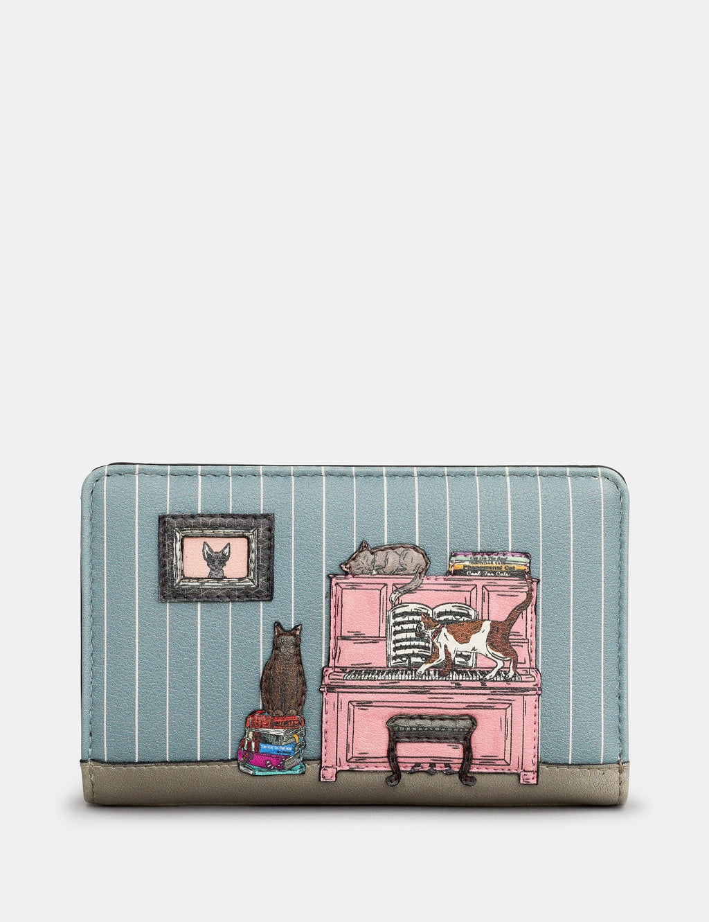Piano Cats Black Leather Flap Over Zip Around Purse