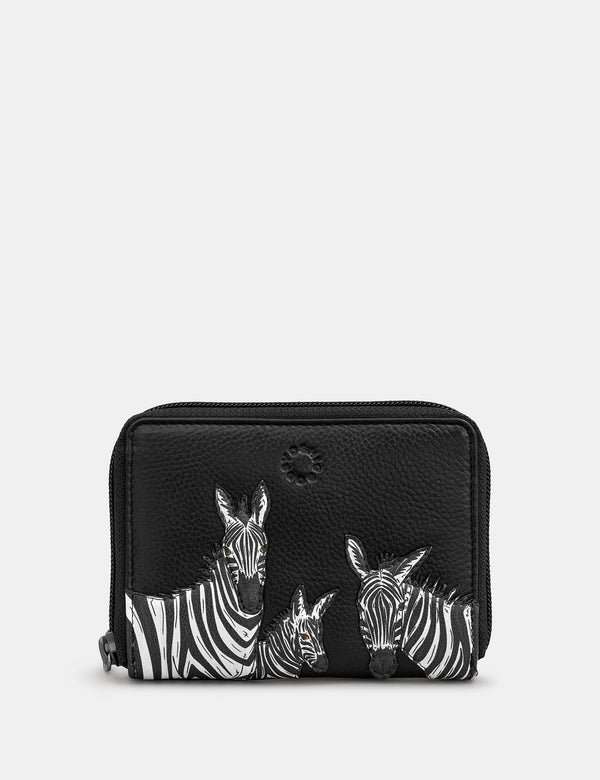 Dazzle of Zebras Black Leather Compact Zip Round Purse