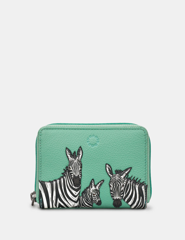 Dazzle of Zebras Mint Green Leather Compact Zip Round Purse