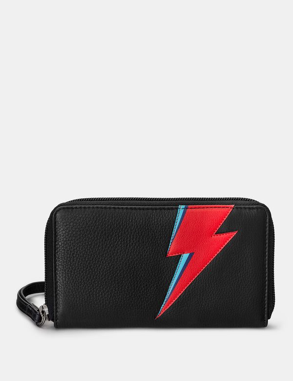 Lightning Bolt Black Zip Round Leather Purse With Strap