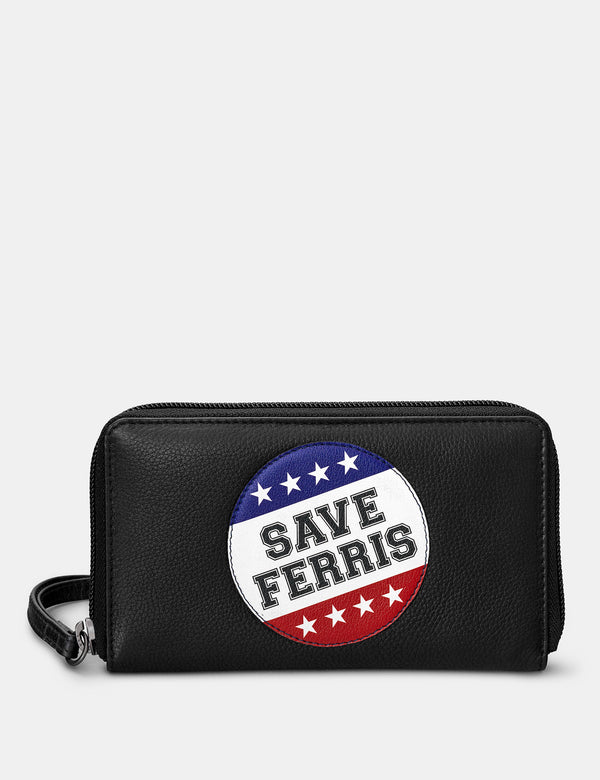 Save Ferris Black Zip Round Leather Purse With Strap
