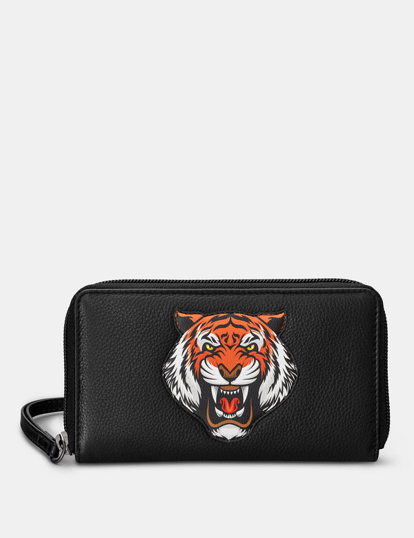 Tiger Black Zip Round Leather Purse With Strap