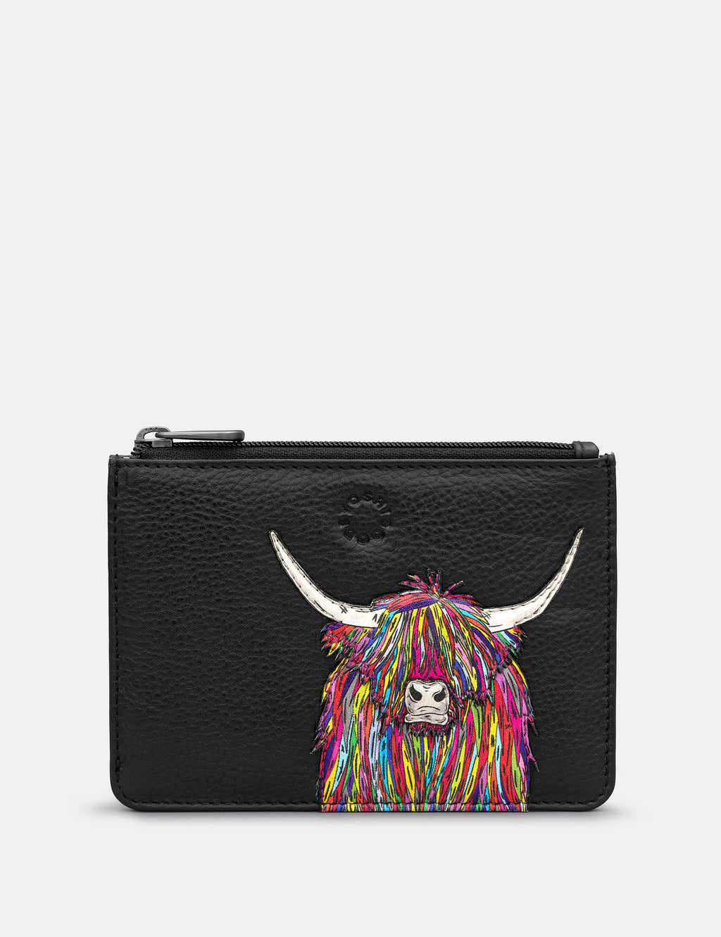 Highland Cow Black Zip Top Leather Purse