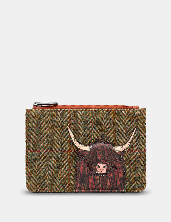 Highland Cow Tweed Zip Top Leather Purse