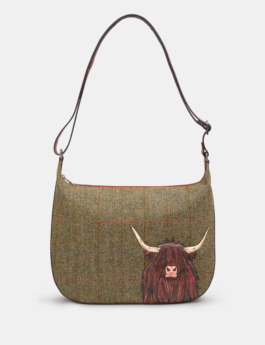 Highland Cow Tweed Leather Hobo Bag